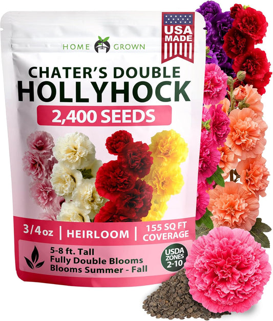 HOME GROWN Hollyhock Chaters Double Mix 2,400 Seeds – Holly Hocks Seeds for Planting Spring 2026, Double Flower Hollyhock Seeds, Flower Seeds Perennial Outdoor Garden (Alcea rosea)